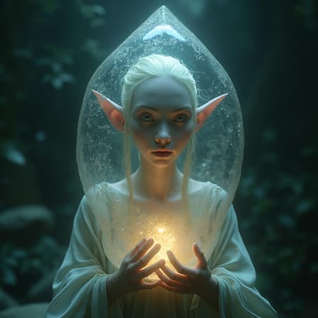 Elf Encased Crystal, Artwork An elegant elf encased in a luminescent crystal, with sharp focus and ethereal volumetric lighting. The scene is beautiful and highly detailed, resembling a midjourney render and trending on Artstation. It's crafted to look like an award-winning masterpiece photograph in 8k UHD HDR quality. The elf appears with an elongated neck and uniquely formed hands, hinting at a mystical mutation. There are hints of duplicated facial features, contributing to an otherworldly presence. Avoiding distractions like out-of-frame elements, blurriness, and digital noise, the image stands as a seamless, captivating visual narrative.