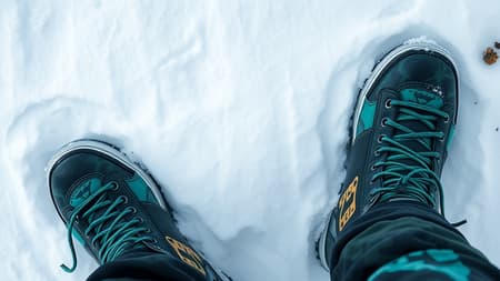 Peering down at forest-hued leather laced snowboard boots, the vibrant emerald strings woven securely, blending seamlessly with the black and jade marbled snowboard pants, all resting upon a blanket of pristine snow.