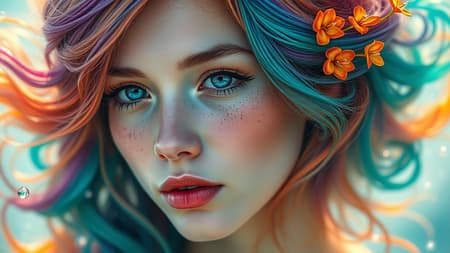 A Captivating Portrait Of An Enchanting And Colorful Woman With A captivating portrait of an enchanting and colorful woman with an ethereal aura reminiscent of a mythical mermaid or siren. Her skin is fair, punctuated by youthful features and wide, expressive eyes. Delicate freckles scatter across her nose and cheeks, adding a touch of whimsy. Her luxurious hair defies gravity, flowing in vibrant hues of turquoise, violet, sunset orange, and striking teal, seamlessly blending into tendrils and aquatic flora that evoke an underwater ambiance. Subtle bubbles encircle her, enhancing the aquatic theme. Her attire, or visible skin, mimics iridescent teal and emerald fish scales, infused with brilliant colors. The overall effect is a serene, otherworldly figure immersed in deep contemplation, exuding an alluring and tranquil underwater presence.