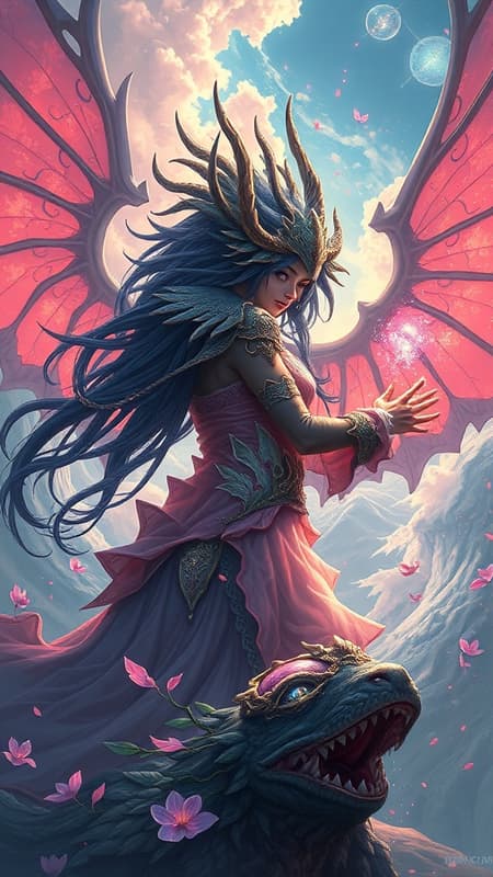 Sango fantasy, enchanting magic, intricate details, sharp focus, digital illustration, highly detailed, concept art, matte finish, inspired by Artgerm, Paul Lewin, and Kehinde Wiley, vibrant masterpiece, ethereal landscapes, dynamic characters, rich textures, captivating aura.