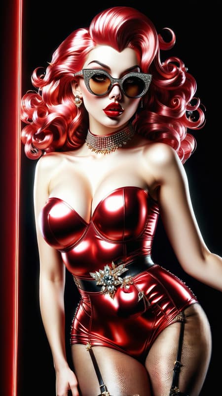 Old Hollywood meets modern pop culture, and she's got that Boop-Boop-be-doop! She's also a supervillain capable of blowing you down with her kisses! The power blasts forward from her in red lip-shaped energy! feminine woman, young Caucasian female. Actress, sort of like Betty Boop. Red is her favorite color! Fun, vivacious, lively, glamorous. Tall, leggy, strong, fit, busty, thin but curvy. Beautiful face, sparkling Hazel eyes with long eyelashes. Medium length hair to her shoulders, with fluffy bouncy burgundy colored curls, glamorously styled. Usually dark sunglasses perched on top of her head. Shiny, glossy ruby-red lips, usually blowing kisses. Shiny, glimmering red mini-dress with cut-out shoulders, form fitting material. Black leather designer belt around her waist. The dress is slit on one side. Red fishnet stockings on her legs, with knee-high red stiletto heeled boots on her feet. Her power is her lips, blowing kisses from the other side of the room. Full body pose. Old Hollywood meets modern pop culture, and she's got that Boop-Boop-be-doop! She's also a supervillain capable of blowing you down with her kisses! The power blasts forward from her in red lip-shaped energy! feminine woman, young Caucasian female. Actress, sort of like Betty Boop. Red is her favorite color! Fun, vivacious, lively, glamorous. Tall, leggy, strong, fit, busty, thin but curvy. Beautiful face, sparkling Hazel eyes with long eyelashes. Medium length hair to her shoulders, with fluffy bouncy burgundy colored curls, glamorously styled. Usually dark sunglasses perched on top of her head. Shiny, glossy ruby-red lips, usually blowing kisses. Shiny, glimmering red mini-dress with cut-out shoulders, form fitting material. Black leather designer belt around her waist. The dress is slit on one side. Red fishnet stockings on her legs, with knee-high red stiletto heeled boots on her feet. Her power is her lips, blowing kisses from the other side of the room. Full body pose.