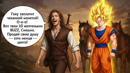 Jaskier And Super Saiyan Goku Traveling Together Horizontal cinematic scene from Netflix series "The Witcher" season 1, anime style, medieval fantasy atmosphere,
Jaskier the bard (Joey Batey, young man with long brown hair, brown leather vest, white shirt, lute strapped to his back) is walking forward confidently in the foreground, passionately singing with open mouth, expressive joyful face, looking slightly to the side as if performing.
Right behind him, walking calmly and leading a brown medieval horse by the reins with one hand, is Goku from Dragon Ball in Super Saiyan form (golden spiky glowing hair, orange gi with blue undershirt, muscular build, serious slightly annoyed expression like Geralt).
Jaskier has a large white speech bubble coming from his mouth with clear readable black text inside:
"Гоку заплатит чеканной монетой!
Гоку заплатит чеканной монетой,
О-о-о!
Вот твои 10 желтеньких BUZZ. Смешно.
Продай свою душу — это меньше цента!"
Dynamic composition, epic humorous crossover, high detail, photorealistic faces, warm color grading, 16:9 aspect ratio, cinematic lighting, text in bubble is large and legible