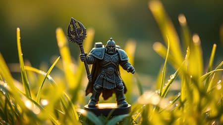 Macro photography with a 200 mm lens capturing a miniature Warhammer 40000 figure of a warrior, set amidst blades of grass glistening with morning dew, bathed in soft, warm, golden light, enhancing the intricate details and colors in a 3:4 aspect ratio.