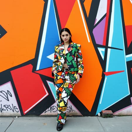 A 90s street photographer in Santiago captures a self-assured model posing against a vibrant graffiti wall composed of bold, geometric shapes in a kaleidoscope of colors. The model's outfit mirrors the striking hues and angular forms of the artwork, echoing the avant-garde style reminiscent of Tokyo Fashion Week with its intricate patterns and daring design, creating a harmonious fusion of fashion and urban art.