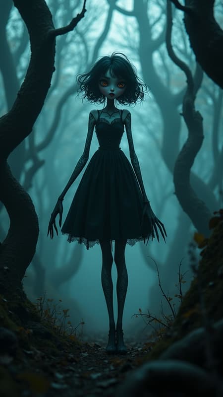 A Tim Burton-inspired anime character stands in a dimly lit, eerie forest, exuding a creepy yet captivating aura. The atmosphere is rendered in stunning UHD and HDR quality, with rich, deep shadows and vibrant highlights that create a surreal 16K visual experience. The character, with their large, expressive anime-style eyes, carries Burton's signature gothic flair, featuring slender limbs and a hauntingly beautiful appearance. They strike a pose with elongated fingers that showcase intricate patterns and mysterious, otherworldly textures. The scene is enveloped in a thick, swirling mist that distorts the boundaries between reality and imagination, adding a layer of unsettling charm. The forest backdrop teems with gnarled trees and twisted branches, providing an enigmatic setting that complements the character's peculiar elegance and eerie allure.