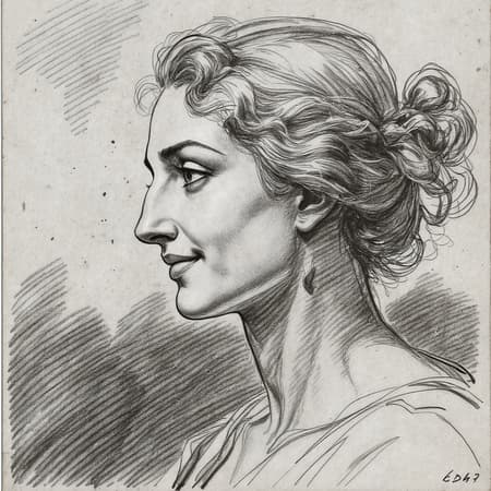 A breathtaking sketch portrait reminiscent of Michelangelo's style, a charcoal drawing capturing the face of an exquisite woman in profile, ultra-detailed with a subtle smile, entirely monochrome, emphasizing intricate facial features, quality 2 --s 750 --v 5.2.