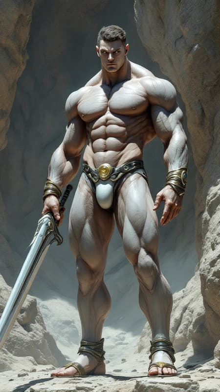 Sci-Fi futuristic fantasy, legend, homo-erotica. On an Alien world, handsome giants known as Brutons emerged from the rock formations. They look like living statues with their marble-like skin and gemstone colored eyes. Ruggedly handsome, masculine, beautiful men. They stand at 7feet tall or taller, and their bodies are physical perfection with broad chests and backs, narrow waists, muscular sinewy bodies, strong massive arms, powerful legs. Their bodies are sculpted to perfection by nature, and they wear very little clothing other than iridescent diaphanous white thongs on their girthy genitals and metallic sandals with straps up to the calves. There may be metallic bands around the tops of their biceps, and metallic bracers on their arms. They all wear metallic circlets around their foreheads, their hair is short and sculpted, usually a wavy fade hairstyle of any color.
They help build the futuristic city as well as guard it, carrying huge shining swords or fighting with their own massive muscles. When they are not standing at attention, they keep company with each other, laying together and absorbing sunlight. They do not sweat, but their bodies glisten and sparkle from the microcrystals inside their bodies. They do not speak, but share a telepathic bond with one another. They are an all-male race, looking only to each other for pleasure when not building or gaurding. The other aliens on their planet appreciate and love them very much for all they do. {{{MASTERPIECE}}} Sci-Fi futuristic fantasy, legend, homo-erotica. On an Alien world, handsome giants known as Brutons emerged from the rock formations. They look like living statues with their marble-like skin and gemstone colored eyes. Ruggedly handsome, masculine, beautiful men. They stand at 7feet tall or taller, and their bodies are physical perfection with broad chests and backs, narrow waists, muscular sinewy bodies, strong massive arms, powerful legs. Their bodies are sculpted to perfection by nature, and they wear very little clothing other than iridescent diaphanous white thongs on their girthy genitals and metallic sandals with straps up to the calves. There may be metallic bands around the tops of their biceps, and metallic bracers on their arms. They all wear metallic circlets around their foreheads, their hair is short and sculpted, usually a wavy fade hairstyle of any color.
They help build the futuristic city as well as guard it, carrying huge shining swords or fighting with their own massive muscles. When they are not standing at attention, they keep company with each other, laying together and absorbing sunlight. They do not sweat, but their bodies glisten and sparkle from the microcrystals inside their bodies. They do not speak, but share a telepathic bond with one another. They are an all-male race, looking only to each other for pleasure when not building or gaurding. The other aliens on their planet appreciate and love them very much for all they do. {{{MASTERPIECE}}}