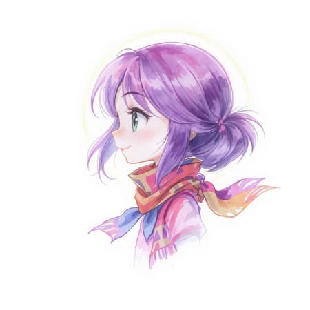 A cartoon character with vibrant purple hair and a flowing scarf around her neck, set against a clean white background. She is depicted in a watercolor style, with an emphasis on soft and fluid lines reminiscent of sketches and paintings. Her skin is depicted with natural imperfections, adding authenticity to her look. The figure is backlit, creating a halo effect around her silhouette. Care is taken to ensure her anatomy is correctly rendered, avoiding any unnatural features such as extra limbs or misplaced digits. Her expression is lively and youthful, with a touch of innocence. The focus remains on artistic quality, avoiding elements like blur or low resolution, and ensuring a child-friendly depiction.