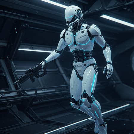 A sleek cyborg navigates a spaceship, featuring futuristic white metal armor intricately detailed with neon light reflections and sophisticated design elements, enhanced by dramatic lighting. The environment exudes hyperrealism and photorealism, capturing the cinematic essence in ultra-high definition 8k resolution, maintaining a portrait aspect ratio of 9:16. Subtle reflections dance across the armor, highlighting the advanced technology and seamless integration of organic and mechanical components, while the atmospheric glow adds depth to the scene.