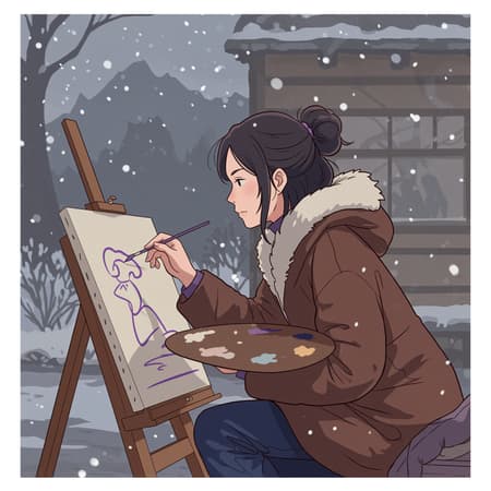Flat illustration line art of a female minimalist artist painting, inspired by Tsutomu Nihei, featuring a purple line with pink highlights against a rustic winter color background.