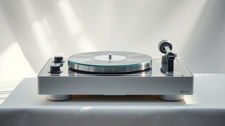 A reimagined modern audio device that elegantly blends the iconic minimalist essence of Dieter Rams' Braun SK4 record player and the sleek sophistication of a Nikon Z9 camera, featuring a crystal-clear acrylic top against a lush white backdrop reminiscent of Snow White's pristine allure. Equipped with a precision-engineered lens akin to the NIKKOR Z 50mm f/1.2 S, this device showcases a harmonious play of transparency and solidity, highlighting fine craftsmanship and timeless design philosophies.