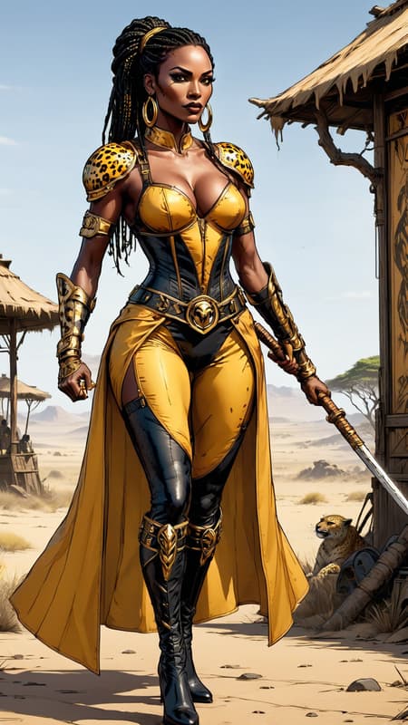 super-hero. female, African woman. Tall, slim but strong and curvy, sinewy. Athletic, warrior, fighter. Beautiful face, high cheekbones, dark brown skin, smooth and luxurious. Large, dark eyes, black and liquid. Long black braids that are usually tied back with a golden cord/hair holder. She wears a golden sandy colored bodysuit, the sides cut out of the legs and arms and laced with golden straps. Around her waist is a metallic gold corset and belt, along with small shoulder guards of the same color. There are metallic gold bracers on her arms and a gold metal circlet around her head. Over her shoulder is a short yellow-gold cape with a cheetah print. Her knee-high boots are also yellow-gold with cheetah print. Her boots have very low heels and are made for running across the Serengeti Plains. She runs as fast as a cheetah. She carries a strong, wooden bo staff as a weapon. She carries herself like the African princess that she is, but she is free spirited. Full body pose, fighting stance with bo staff. super-hero. female, African woman. Tall, slim but strong and curvy, sinewy. Athletic, warrior, fighter. Beautiful face, high cheekbones, dark brown skin, smooth and luxurious. Large, dark eyes, black and liquid. Long black braids that are usually tied back with a golden cord/hair holder. She wears a golden sandy colored bodysuit, the sides cut out of the legs and arms and laced with golden straps. Around her waist is a metallic gold corset and belt, along with small shoulder guards of the same color. There are metallic gold bracers on her arms and a gold metal circlet around her head. Over her shoulder is a short yellow-gold cape with a cheetah print. Her knee-high boots are also yellow-gold with cheetah print. Her boots have very low heels and are made for running across the Serengeti Plains. She runs as fast as a cheetah. She carries a strong, wooden bo staff as a weapon. She carries herself like the African princess that she is, but she is free spirited. Full body pose, fighting stance with bo staff.