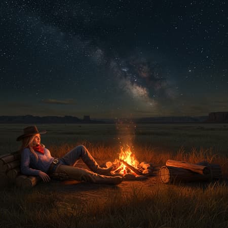 A captivating female cowboy rests by a flickering campfire under a starry prairie sky in this western visual. The composition is cinematic and breathtaking, capturing intricate details with ultra-sharp focus. The vast borderlands stretch beyond, rendered in exquisite quality. The cowboy, embodying grace and rugged charm, is portrayed with realistic anatomy and engaging character design. The scene embraces a sense of realism, avoiding any visual distortions or artistic inaccuracies. The overall artwork is crisp and clean, free from any digital artifacts or intrusive text, emphasizing its authentic beauty without extraneous elements.