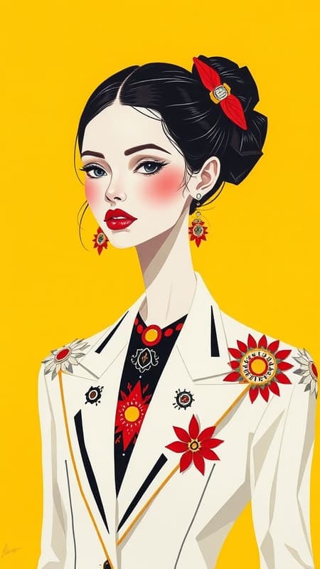 Girl Features A stunning girl with delicate features and pale white skin stands out in a fashion-forward suit adorned with vibrant and intricate embellishments, showcasing geometric patterns and designs. The minimalist style of the painting is enhanced by a Chelsea Yellow background, complemented by a palette of Chelsea Yellow, white, black, and red. This flat, minimalist fashion illustration embodies the spirit of the Memphis design movement, capturing a harmonious blend of elegance and playful creativity. Her expression is poised, conveying a sense of confidence and sophistication, while the geometric accents add a touch of modern art flair.