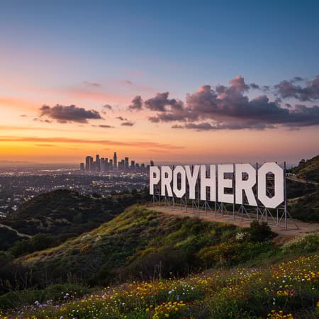A towering billboard set against a vivid sunset sky, resembling the iconic Hollywood sign with bold, white letters spelling out "PromptHero." The letters stand majestically on a lush, rolling hillside that is dotted with vibrant wildflowers and soft, green grass. In the distance, the skyline of a bustling city is visible, with twinkling lights beginning to appear as day transitions to night. Fluffy clouds catch the last light of the setting sun, casting a warm glow over the scene, creating an inspiring and imaginative atmosphere.