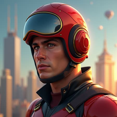 A male superhero, sporting a Rocketeer-inspired outfit and helmet, with a focus on a detailed and distinct face, featuring expressive eyes. His fitness-oriented physique complements the full-body portrait, all captured in hyper-realistic 8k resolution concept art. The portrait embodies the artistic styles of Greg Rutkowski, Artgerm, WLOP, and Alphonse Mucha, with a blend of cinematic lighting and intricate details. The triadic color scheme adds vibrancy akin to trending splash art on Artstation, while subtle creative twists enhance the fantastical yet realistic portrayal.