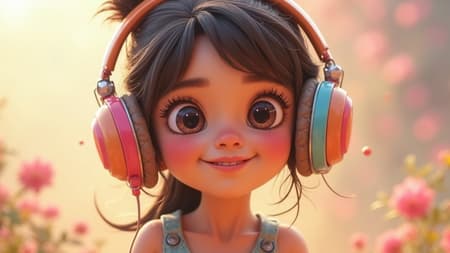 Girl Colorful Headphones Art A young girl with large, colorful headphones in a whimsical, Disney-inspired style, her features crafted with a detailed clay-like texture, exuding a sense of wonder and joy against a soft, dreamy background. She has sparkling eyes filled with curiosity and her hair playfully styled, suggesting a world of music and imagination surrounding her.