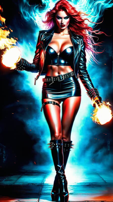 young woman, female. Heavy Metal biker Chick,  also super-hero.  Long, wild flaming red hair swept back on one side. Jade green eyes, Ruby red lips. Pretty, model girl, athletic, tall, busty. Black leather jacket, studded leather bracelets on arms. Black leather mini-skirt, studded leather belt. Long legs, thigh high stiletto-heeled black leather boots.  Red energy/fire from right hand/fist, blue energy/fire from left hand/fist.  Full body pose. She always has a Harley motorcycle somewhere close by, high powered and lights on. 