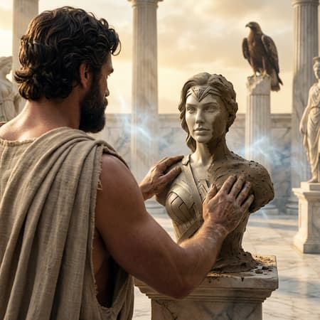 an over-the-shoulder, classical cinematic composition viewed from behind Zeus as he sculpts a marble bust of Wonder Woman from wet clay; Zeus dominates the soft-focus foreground, his broad shoulders and powerful arms framing the scene, large weathered hands carefully shaping the clay with deliberate precision; he is depicted as a black-haired, bearded man in his prime according to ancient Athenian ideals and Homeric descriptions—strong, noble features, calm authority; the bust of Wonder Woman is the sharp focal point in the middle ground, resting on a stone plinth, her face split in contrast—one half exquisitely finished and radiant, the other half still rough, unfinished clay bearing Zeus’s fingerprints; her expression serene and heroic even in incomplete form; the setting is a sun-drenched white marble courtyard on Mount Olympus, towering Greek columns and sculpted stone surrounding the scene; in the background, a regal eagle perches on a column, silently observing; subtle divine cues—a faint crackle of distant lightning reflected softly in the marble and a gentle glow in the sky—hint at Zeus’s power without overwhelming the composition; cinematic natural light, high classical realism, mythological atmosphere, Renaissance-inspired sculpture aesthetic