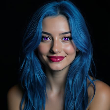Studio portrait of a stunning young woman with vivid blue hair and captivating violet eyes, smirking playfully at the camera. Her features are intricately detailed, captured in dim, moody lighting. This hyper-realistic, photorealistic shot evokes the artistic style of iconic photographers Irving Penn and Annie Leibovitz, with expert retouching akin to the mastery of Pratik Naik. The photo is taken using a Leica SL2 with a 105mm lens at f/5.6, highlighting the exquisite sharpness and detail of both her expression and the overall composition.