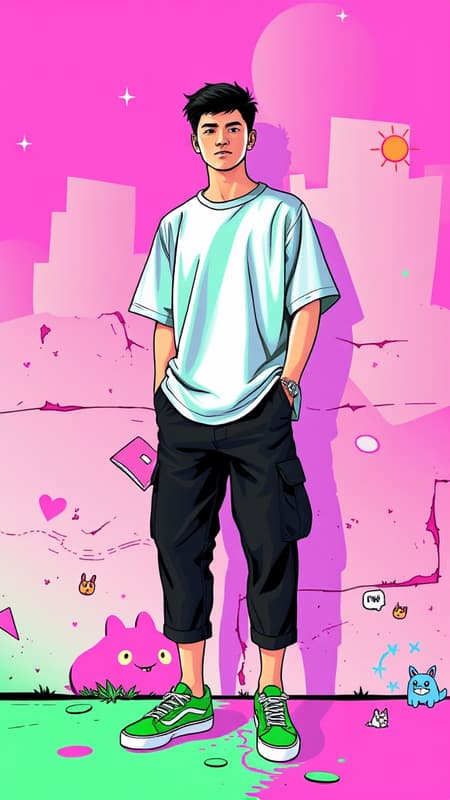 Creative illustration art featuring a full-body depiction of a man wearing a mint-green oversized T-shirt and black capri cargo pants paired with green Vans old school sneakers. The scene blends into a vividly colored digital artwork with bold outlines, featuring bright pink, neon green, and magenta hues in a playful, cute cartoonish art style. The man stands against a vibrant, dynamic wall that encompasses the solid background. The atmosphere evokes a sense of whimsical creativity, with subtle elements like neon blue highlights and quirky cartoon creatures interspersed throughout the scene, enhancing the overall colorful and lively aesthetic.