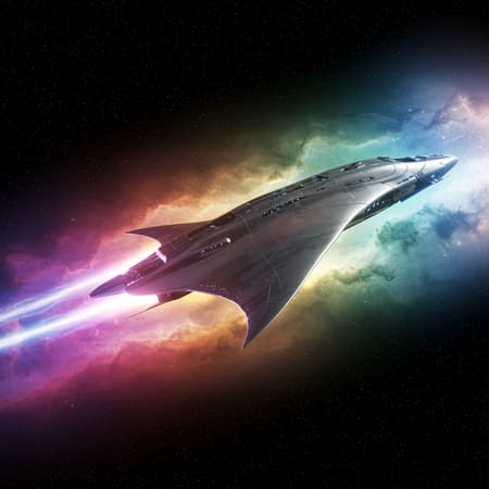 A futuristic spacecraft accelerating through the cosmos, its sleek design cutting through the stardust as vibrant trails of light follow in its wake.