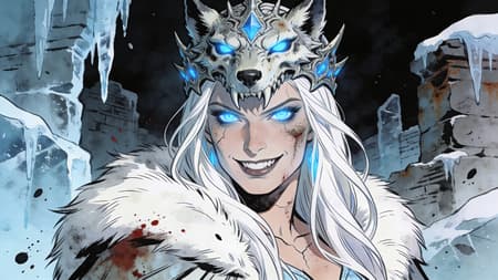Close-up portrait of a fierce ice queen, intricate detailed wolf skull crown, white fur mantle, long flowing white hair, glowing bright blue eyes, evil smile, cracks and dirt on face, ice-covered ruins background. Digital painting, comic book art style, ink wash, grunge texture. Gloomy and cold lighting, dark atmosphere. Dominant colors are icy blues, grays, whites, and rusty browns, with stark glowing blue accents. Highly detailed, sharp lines, dramatic shadows, bloodstains and dark splatters.