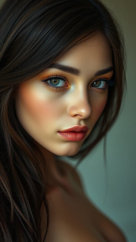 hot brunette girl gazing at viewer, portrait, photography, detailed skin texture, realistic, photo-realistic, high resolution, exquisitely detailed, full length shot, striking piercing, soft diffused lighting, shallow depth of field, sharp clarity, hyperrealism, cinematic lighting, 3d rendering, doll-like features, octane render, low resolution artifacts, text overlay, cropping issues, poor quality image, jpeg distortions, unattractive, unintended duplication, dark tones, artistic errors, frame misalignment, extra digits, distorted hands, imprecise facial features, unwanted mutations, disproportionate anatomy, excessive limbs, repeated face elements, unattractive proportions, misformed limbs, absence of arms or legs, excessive or fused fingers, elongated neck.