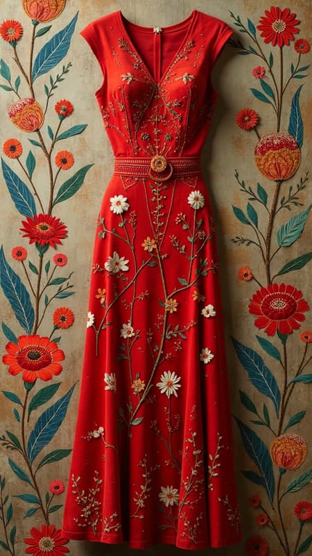 The red dress is adorned with an eclectic mix of art movements and styles, featuring intricate floral details inspired by the elegance of the Art Nouveau period and striking, angular patterns reminiscent of the Art Deco era. Each design is seamlessly integrated into the fabric, resulting in a breathtaking patchwork of vivid colors and rich textures. 