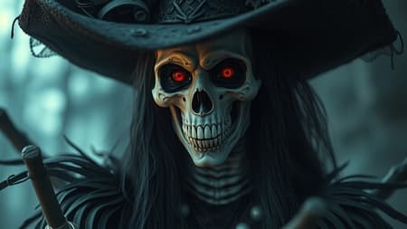 A haunting vampire witch with an enigmatic, skeletal appearance, adorned in an elaborate hat, rendered in ultra-high definition. The scene merges the dark elegance of Eve Ventrue's style with the realism of V-ray tracing, infused with the atmospheric touches of Paul Hedley's Western-style portraits. The character is surrounded by elements of cartelcore, evoking a sense of mystery and intrigue. The composition exudes a dark yet captivating allure, reminiscent of a deathly burger, set against a dramatic backdrop, adhering to a unique aspect ratio of 46:61.