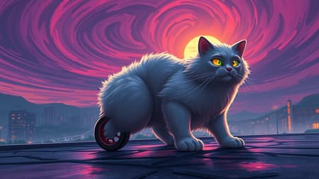 In a vibrant animated landscape at dusk, a mesmerizing hybrid creature captivates the scene, merging the grace of an Angora cat with the sleek sophistication of a Porsche 911. This unique entity boasts a feline body with luxuriously flowing fur, seamlessly integrated with aerodynamic car elements like glossy metallic textures and gracefully curved panels. Its eyes, glowing softly, resemble headlights, casting an ethereal light. The paws are an ingenious blend of feline agility and finely engineered wheels, exuding a balance between organic and automotive aesthetics. The dramatic background features a swirling purple sky accented with vivid orange hues from the setting sun, while intricate city lights shimmer on wet streets below. The dynamic perspective draws the viewer towards the horizon, articulated in a digital painting style with rich colors and fluid brushstrokes that evoke wonder and tranquility, reminiscent of Makoto Shinkai's evocative art.