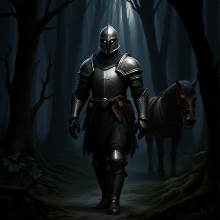 A lone knight roams through a mystical medieval landscape, the embodiment of fantasy brought to life in vivid digital art. His full armor gleams under cinematic lighting, every intricate detail masterfully captured to evoke a true RPG hero. The atmosphere is steeped in a haunting medieval ambiance, as he ventures through a world of wonder and danger. The knight's visage reveals a mesmerizing pair of eyes, hinting at tales untold, while his hands, though gloved, display a subtly unique form. Occasionally, a noble steed accompanies him, its presence adding a layer of elegance to the scene. Despite the challenges that lie ahead, an air of determination surrounds this enigmatic wanderer. The art is a high resolution masterpiece, free from imperfections, evoking both strength and a touch of ethereal femininity.