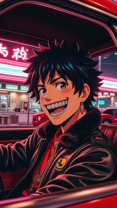 hes wearing gr!llz in his mouth with a large smile, vintage anime diner, man driving a red ferrari parked outside, wearing a letterman jacket and leather gloves, neon lighting, retro hes wearing gr!llz in his mouth with a large smile, vintage anime diner, man driving a red ferrari parked outside, wearing a letterman jacket and leather gloves, neon lighting, retro
