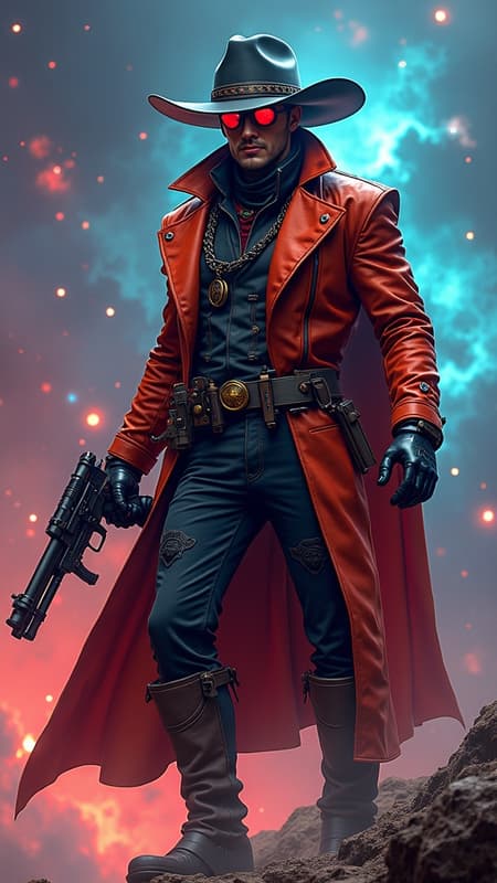 Generated Space Cowboy Space cowboy in a futuristic western setting with intricately detailed space bounty hunter attire wielding a plasma revolver and featuring cybernetic enhancements. Equipped with high-tech gadgets, the vivid colors capture the essence of the cosmic frontier in a sci-fi western mashup blending steampunk and cyberpunk influences. Set against a backdrop of breathtaking nebulas, the expertly illustrated scene showcases detailed textures and glowing elements. The dynamic composition creates an epic atmosphere, crossing genres in a captivating space opera style. The ultra-realistic, 4k imagery embodies a Neo-Noir aesthetic.