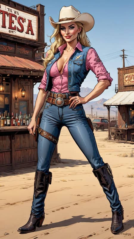 feminine woman, young woman. Cowgirl, bartender (Coyote Ugly type of bartender), sharpshooter, Annie Oakley type of girl. Fun, flirty, quick with a wink and a smile. Tall, slender, athletic, fit, limber, slim but busty. Golden blonde shoulder length hair, pulled back in a ponytail. She wears a white cowboy hat on her head. Pretty face, usually smiling. Light cornflower blue eyes, long blond lashes. Minimal make-up, pink glossy lips. Red cowboy shirt, ,black suede vest. Black leather belt with a big bronze Texas steer belt buckle around her waist. Tight dark blue denim Levis with white embroidering around the upper pockets, down the legs and on the back pockets and rear. Black high heeled cowboy boots on her feet. She carries 2  silver pistols and is the best sharp shooter in the land-- SHE DOES NOT MISS HER TARGET. Full body pose, probably shooting at something. 