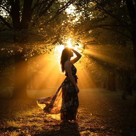 A captivating image of a woman standing in a sunlit forest, her silhouette softly illuminated by the golden rays filtering through the trees, as she wears a flowing dress that sways gently with the breeze, her expression serene and contemplative amidst the tranquil natural setting.