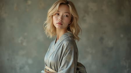 A young Asian woman with shoulder-length, golden blonde hair, dressed in a traditional grey silk kimono adorned with subtle floral patterns, stands gracefully, her expression serene and contemplative.