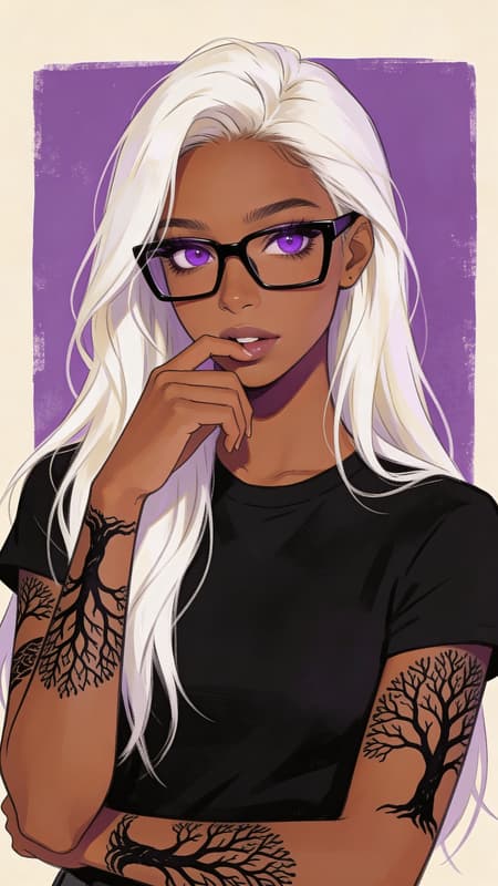 Digital painting of a beautiful young woman with dark skin, long flowing white blonde hair, and striking purple eyes, wearing black rectangular glasses and a simple black t-shirt. Her right hand is touching her lips, and both arms are adorned with intricate black tree-like tattoos. The lighting is soft and even, highlighting her features and the texture of her hair. The mood is contemplative and stylish. The background features a large, slightly textured purple rectangle on a light beige canvas. Anime-inspired art style with clean lines and vibrant colors.