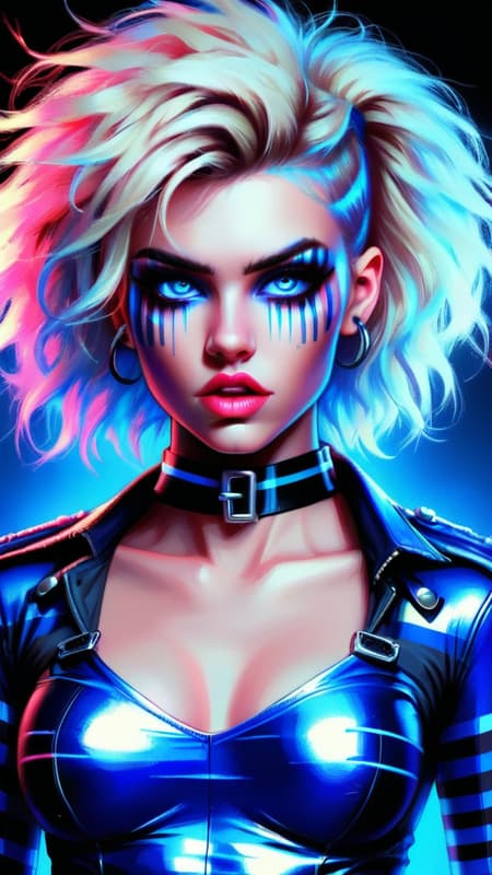 Her name is Electric Blue. Super-hero. That perfect cross between supermodel and punk rock. Feminine Caucasian female, young woman in her early 20s. Tall, athletic, thin but curvy, strong. Curly-spiky blonde Bob hairstyle with fluffy Bangs swept over one eye, a neon-blue streak of hair in the front. Pretty model face with long blonde lashes and electric blue eyes, glowing neon bright eyes. Punk Rock eye make-up in various shades of blue. Shiny glossy cherry-red lips. Her uniform is a spandex form-fitting cobalt blue with glowing neon blue glyphs/stripes on the fabric, top and pants. A shiny metallic chrome belt that curves downwards on her waist. Mid-calf black leather boots with high heels and silver grommets. 

She can produce bright blue electricity/lightning from her hands and fire a stream of it at her opponents. She can also shock her enemies if needed. She can also become pure electricity and use it to travel along power lines and grids and incredible speeds. 