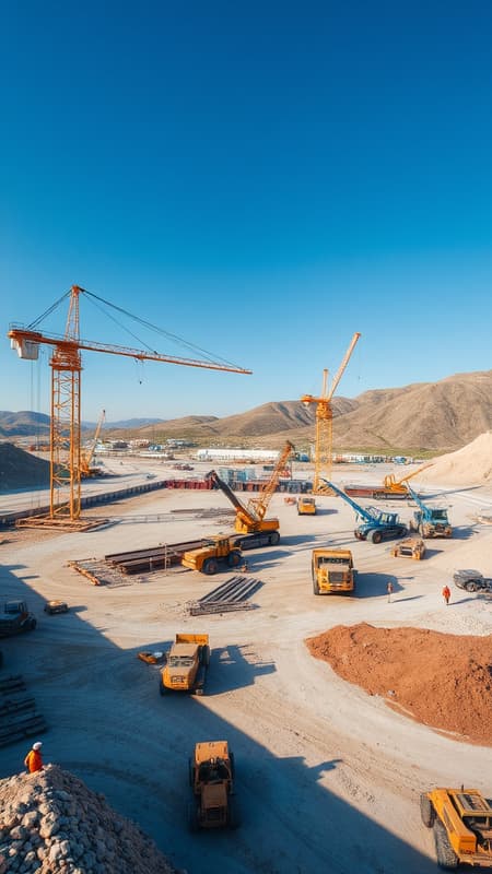 Photograph the bustling construction site of the dry port in Drogobich from an aerial view, capturing the expansive layout with cranes lifting steel beams, workers in bright safety gear coordinating tasks, and heavy machinery moving earth to create the foundations of modern infrastructure; showcase the vibrant energy and progress under a clear blue sky with nearby rolling hills accentuating the location’s geographical significance. Photograph the bustling construction site of the dry port in Drogobich from an aerial view, capturing the expansive layout with cranes lifting steel beams, workers in bright safety gear coordinating tasks, and heavy machinery moving earth to create the foundations of modern infrastructure; showcase the vibrant energy and progress under a clear blue sky with nearby rolling hills accentuating the location’s geographical significance.