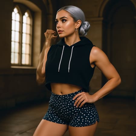 A captivating landscape photography shot captures a confident 24-year-old Kazakh-Hungarian female CEO with a challenging head tilt. Her toned physique showcases visible ribcage, smooth skin, defined muscles, and a well-defined midsection, complemented by a flat chest and small breasts. Her golden brown skin exudes a natural glow as if kissed by the sun, with clearly visible pores enhancing the realism. Her large, pill-shaped honey eyes are framed by long, elegant lashes, and her sculpted brows add to her delicate features. Her metallic silver hair is styled in intricate Dutch braids. Dressed in a sleeveless hoodie and playful polka dot shorts, she strikes a victorious pose on the left third of the frame, embodying both strength and poise. In the background, the iconic Hogwarts Great Hall adds a touch of magic to the scene, illuminated by a light box that casts a soft natural glow on her, reminiscent of the style of Paulina Olszynski.