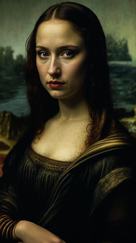 Gothic and dark cinematic portrait of a badass Mona Lisa, envisioned through the unique lens of Tim Burton, with a surreal touch. She stares intently at the camera, exuding a mysterious aura. Realistic and detailed features with a hint of whimsy, capturing the blend of classic elegance and eccentric edge. Tall and narrow composition, evoking a sense of enigma and intrigue.