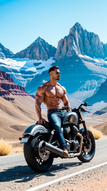A man with muscular body sitting on the bullet in front of mountain8k resolution