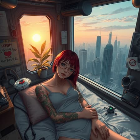 Generated City Inspired City of the future, inspired by Ghost in the Shell, Room 2077, featuring a young woman with vibrant red hair and intricate tattoos, wearing sleek glasses. She is reclined on a bed, observed from a top-down perspective, with a small, hovering robotic assistant nearby. The room is filled with various mechanical gadgets and devices, reflecting a high-tech environment. A window showcases a lush plant basking in the rising sun, with towering skyscrapers silhouetted against the dawn sky. The walls are adorned with atmospheric and aesthetic posters, weaving an ultra-detailed, anime-inspired tapestry of the futuristic setting, rich with intricate elements and vibrant details.