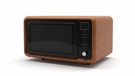 Futuristic microwave design, sleek and modern with a sustainable wooden exterior, intricately detailed in the style of an artstation masterpiece, digital art with hyper-realism, set against a crisp white background. Created using Unreal Engine for a highly immersive feel, captured in PNG 8K resolution with an expert use of depth of field, showcasing an unparalleled blend of technology and natural materials, in a perfect 1:1 aspect ratio.