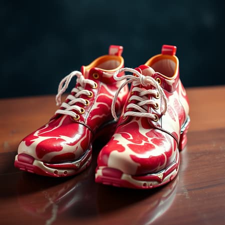 A vibrant pair of surreal shoes crafted entirely from juicy, raw meat, captured in the style of dazzling food photography; the shoes showcase intricate marbling and a sheen of glossy freshness, with twists of swirling fat mimicking laces, creating an avant-garde fashion statement that's both audacious and mouthwatering. A vibrant pair of surreal shoes crafted entirely from juicy, raw meat, captured in the style of dazzling food photography; the shoes showcase intricate marbling and a sheen of glossy freshness, with twists of swirling fat mimicking laces, creating an avant-garde fashion statement that's both audacious and mouthwatering.