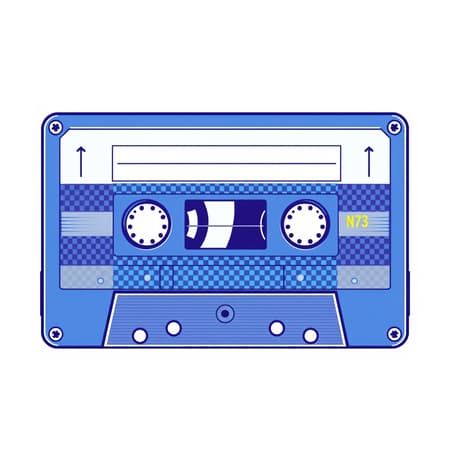 A retro-themed illustration of a cassette tape with a carbon fiber texture, featuring a vibrant blue and purple color palette. The artwork draws inspiration from Roy Lichtenstein's pop art style, set against a clean white background. Subtle geometric patterns and halftone dots enhance the retro aesthetic.