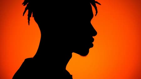 Generated Photography Portrait, Photography portrait, contrast silhouette of a black man in profile, vivid orange background, using a camera setup with a large aperture effect to sharply define the silhouette's edge, low ISO for deep, grain-free color, photorealistic, UHD quality, aspect ratio 9:16, subtle artistic chaos at level 1.7, raw style realism, gentle tweaks in hue for added depth while maintaining core visual essence.