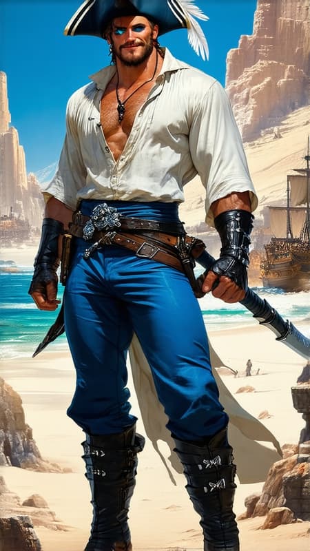 Sci-Fi, futuristic hero. Swashbuckler, space pirate, handsome intergalactic buccaneer. Tall, muscular, sinewy, big muscled, perfect physique. Broad chest, wide shoulders and back, narrow waist, muscular thighs and legs. Hirsute hairy chest, arms and legs. Handsome masuline rugged face with lapis-blue eyes, strong brow, squared jaw. Narrow mustache and soulpatch on face. He has a warm, sexy smile. Sapphire blue tricorn pirate hat with silver grommets,and a white feather plume on the side. Short dark brown hair under hat, cut close on sides and back {{{SHORT HAIR}}}. Black leather harness with silver buckle strapped across his chest. A loose-fitting sheer silky white sleeveless shirt, open to reveal his hairy chest. A wide black leather belt with silver studs around his waist. Tight form-fitting sapphire blue pants with silver grommets down the sides tucked into knee-high black leather bucket boots. He weilds a blue-violet lightsaber in his fist. An alien parrot with multi-colored glowing neon feathers sits on his shoulder while his spaceship fires up for his next adventure. Full body pose, looking dashing and handsome. {{{MASTERPIECE}}} Sci-Fi, futuristic hero. Swashbuckler, space pirate, handsome intergalactic buccaneer. Tall, muscular, sinewy, big muscled, perfect physique. Broad chest, wide shoulders and back, narrow waist, muscular thighs and legs. Hirsute hairy chest, arms and legs. Handsome masuline rugged face with lapis-blue eyes, strong brow, squared jaw. Narrow mustache and soulpatch on face. He has a warm, sexy smile. Sapphire blue tricorn pirate hat with silver grommets,and a white feather plume on the side. Short dark brown hair under hat, cut close on sides and back {{{SHORT HAIR}}}. Black leather harness with silver buckle strapped across his chest. A loose-fitting sheer silky white sleeveless shirt, open to reveal his hairy chest. A wide black leather belt with silver studs around his waist. Tight form-fitting sapphire blue pants with silver grommets down the sides tucked into knee-high black leather bucket boots. He weilds a blue-violet lightsaber in his fist. An alien parrot with multi-colored glowing neon feathers sits on his shoulder while his spaceship fires up for his next adventure. Full body pose, looking dashing and handsome. {{{MASTERPIECE}}}