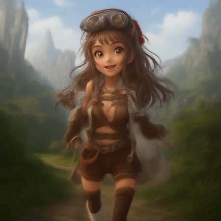 A stunning masterpiece capturing high-quality imagery with soft lighting and exceptional resolution, featuring a character engaging the viewer directly. She sports goggles on her head and a charming smile, with captivating amber, brown eyes. Her long, flowing brown hair is complemented by a red hair ribbon. Dressed in brown short shorts and leather gloves, she carries a pouch and wears thigh-highs paired with white boots. The design includes a cleavage cutout and a shrug, all highlighting her medium build. Set against an imaginative backdrop of overgrown ruins and distant mountains, the scene is rendered in breathtaking 8k UHD HDR quality. To ensure a focus on realism and character integrity, avoid unnecessary elements such as duplicates, mutations, or distortions, maintaining a clear and unobstructed composition free from low-resolution artifacts, framing errors, or distractions.